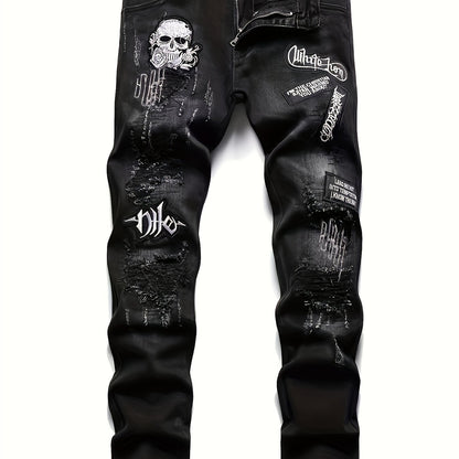 Medium Stretch Men's Patchwork Jeans, Casual Street Style Denim Pants