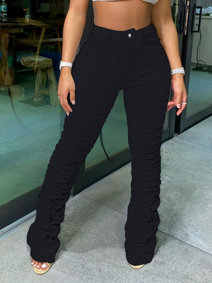 Women's High-Waisted Stretchy Ruched Pants - Light Grey Casual Tapered Leggings