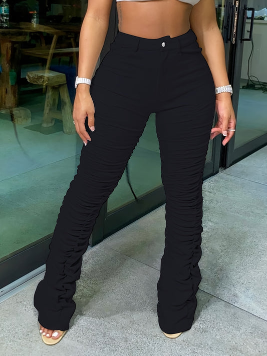 Women's High-Waisted Stretchy Ruched Pants - Light Grey Casual Tapered Leggings