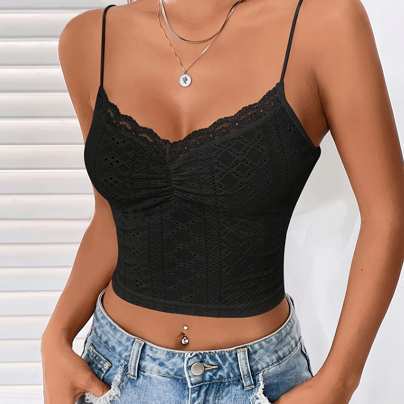 Eyelet Cami Top - Adjustable Straps, Slim Fit & Crop Length