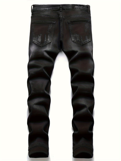 Medium Stretch Men's Patchwork Jeans, Casual Street Style Denim Pants