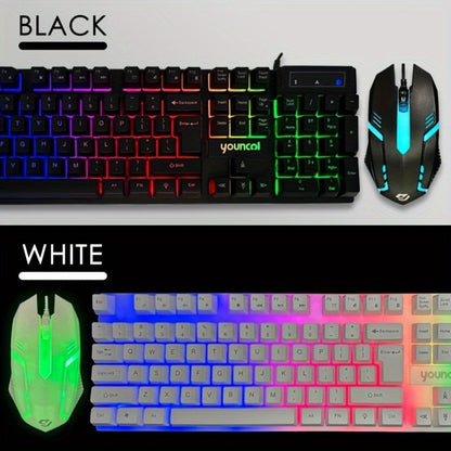Rainbow Backlit Wired Gaming Keyboard and Mouse Set, 19-Key Rollover, Adjustable Brightness, 2 Lighting Modes, Ergonomic Design, Hotkeys, Media Keys, USB Powered, No Battery