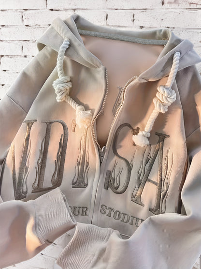 Womens Hooded Zip-up Drawstring Long Sleeve Casual Knit Jacket with Slant Pockets