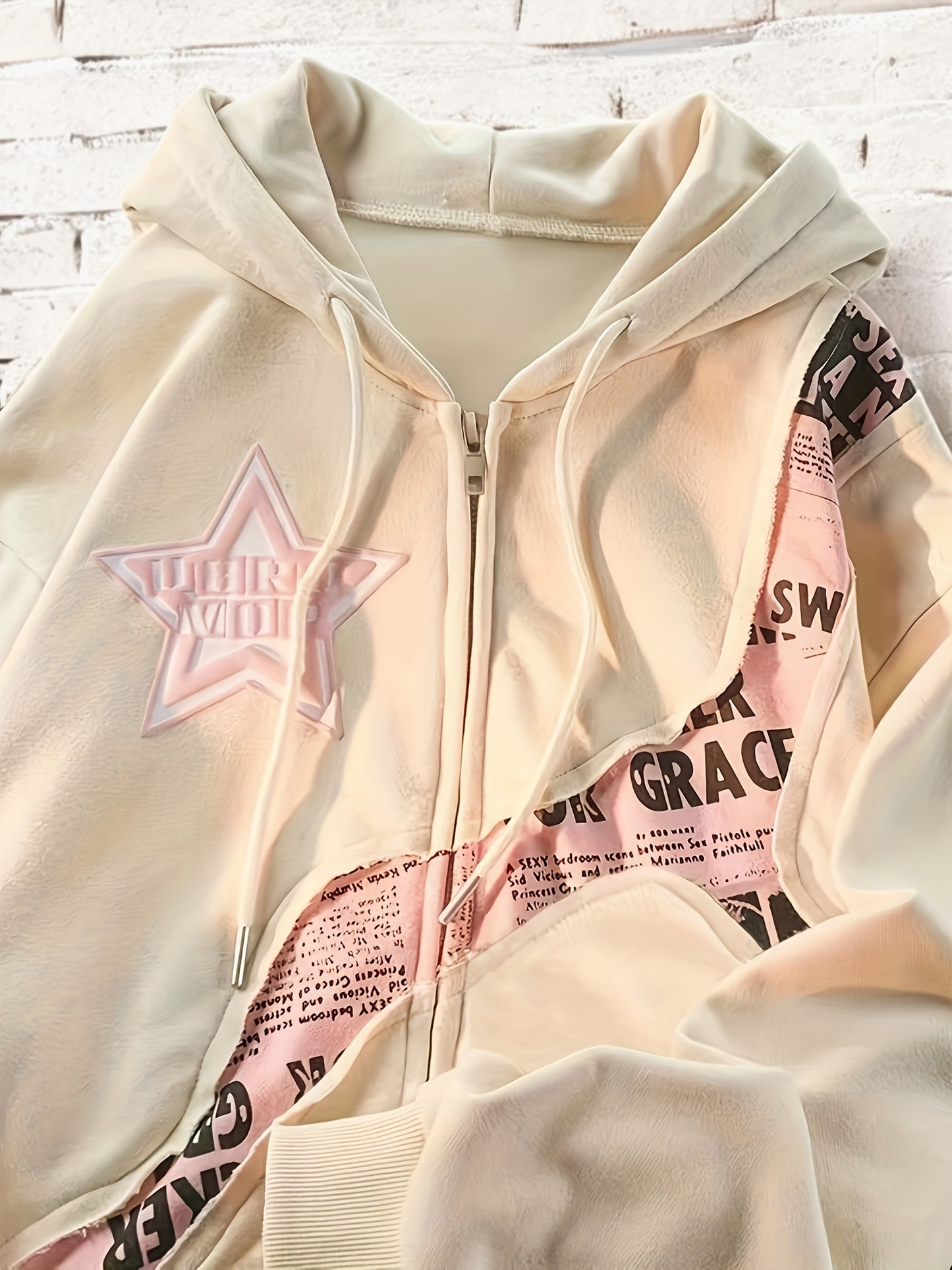 Y2K-Inspired Star & Letter Print Hoodie -  Long Sleeve Zip-Up Jacket for Women, Loose Fit with Asymmetrical Hem, Machine Washable