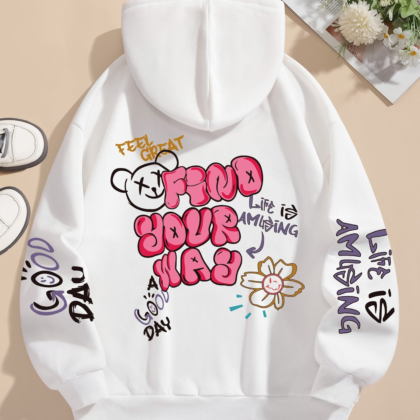 Graphic Vintage Hoodie - Soft Elasticity Polyester Drawstring Hooded Sweatshirt