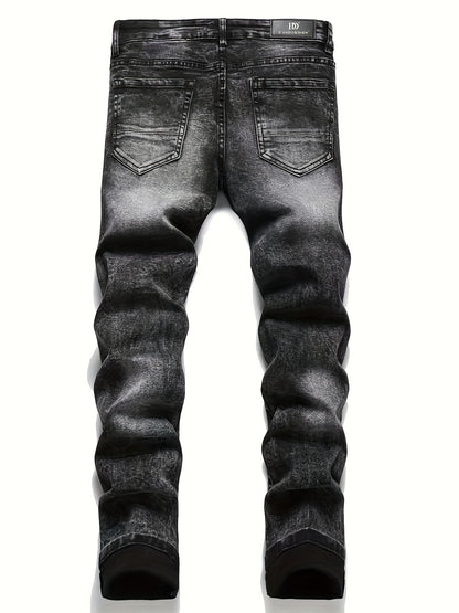 y2k Star Pattern Slim Fit Jeans, Men's Stretch Street Style Denim Pants