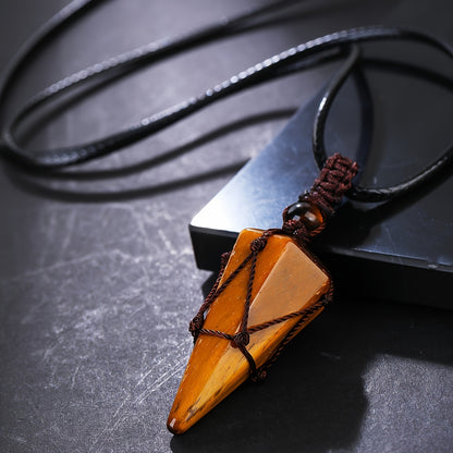 Stylish Men's Natural Amethyst Crystal Hexagonal Cone Pendant Necklace with Braided Rope