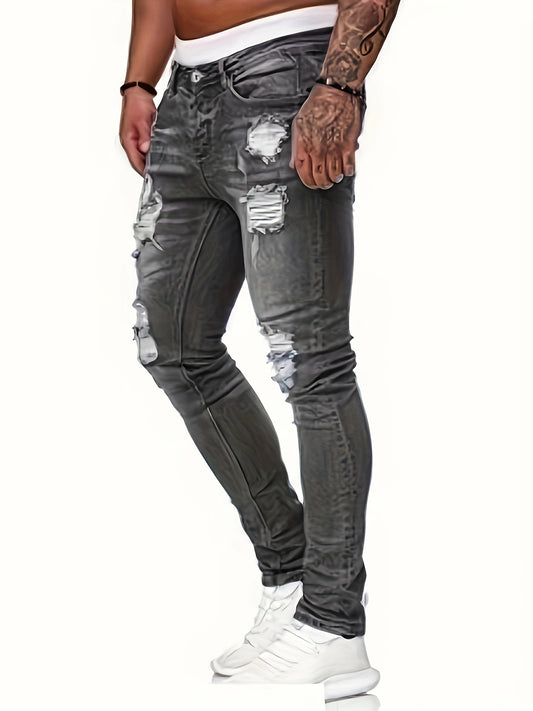 Mid Stretch Slim Fit Ripped Cotton Jeans, Men's Street Style Distressed Denim Pants