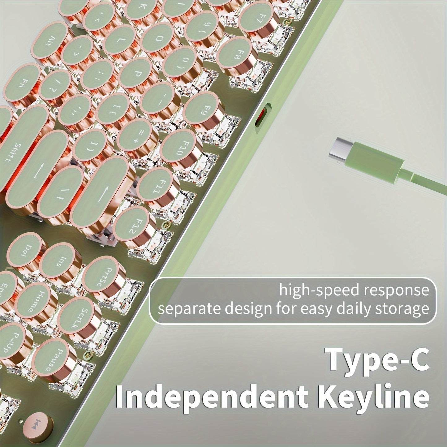 Typewriter Mechanical Gaming Keyboard, All-Metal Panel 104Keys Wired Retro Round Keycaps with LED Backlit USB Wired