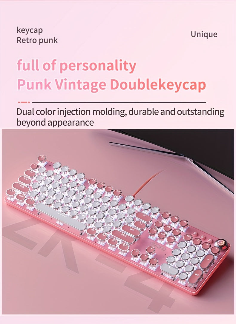 Pink Mechanical Keyboard with Blue Switches - Retro Keycaps, Backlit, USB-Powered for Gaming, Durable Design, No Battery Needed, Gaming Keyboard