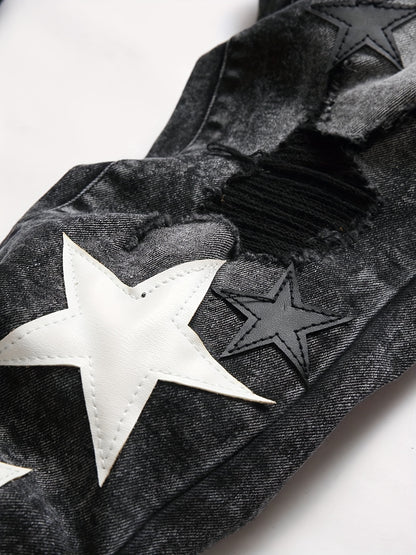 y2k Star Pattern Slim Fit Jeans, Men's Stretch Street Style Denim Pants