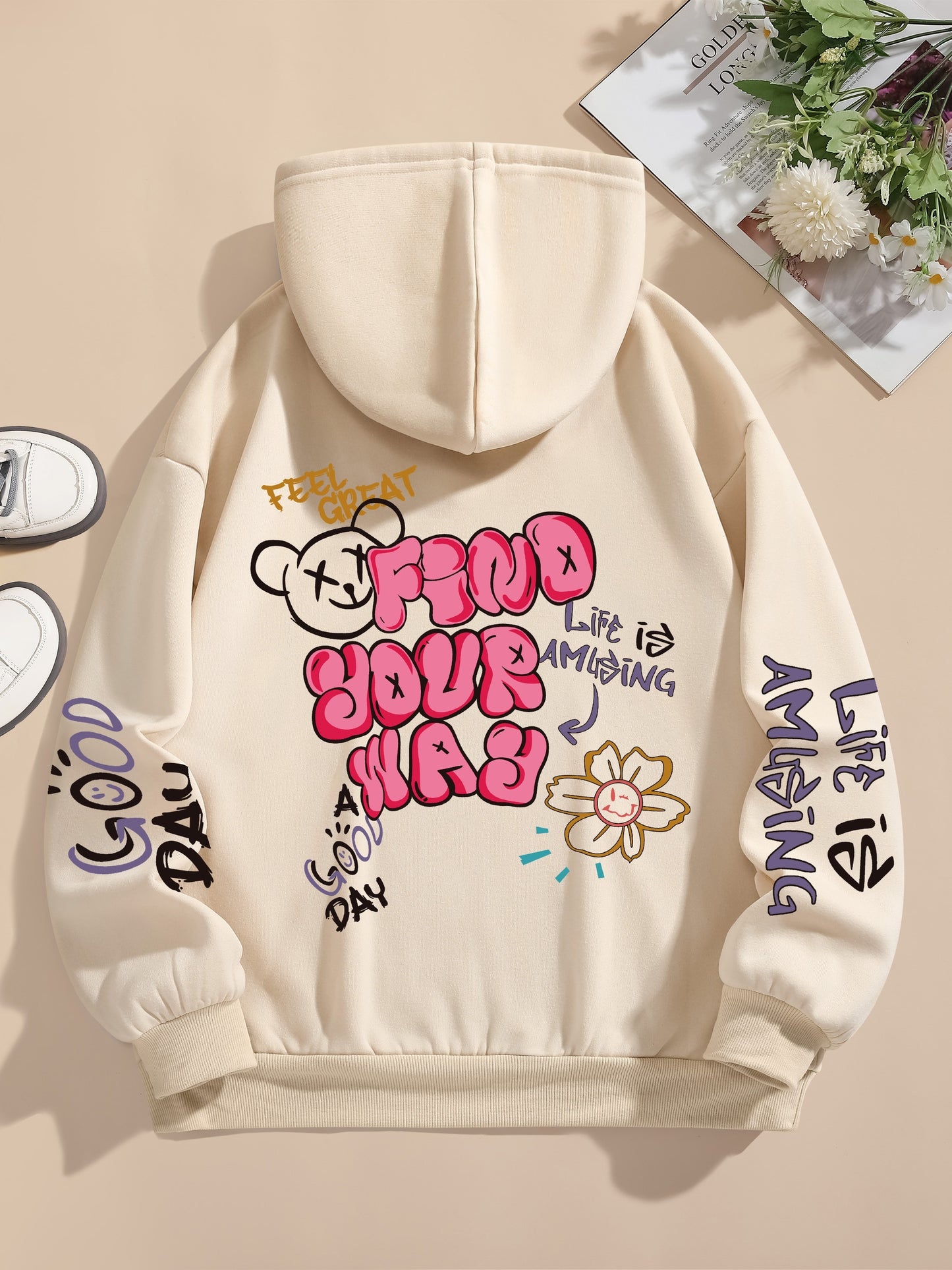Graphic Vintage Hoodie - Soft Elasticity Polyester Drawstring Hooded Sweatshirt