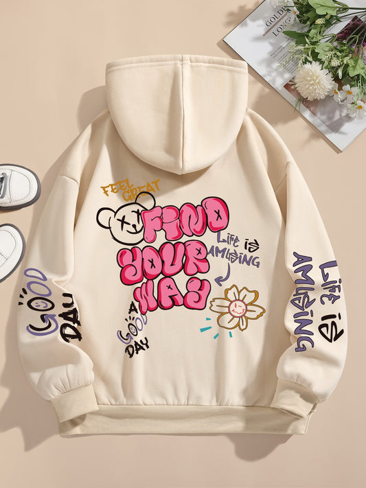 Graphic Vintage Hoodie - Soft Elasticity Polyester Drawstring Hooded Sweatshirt