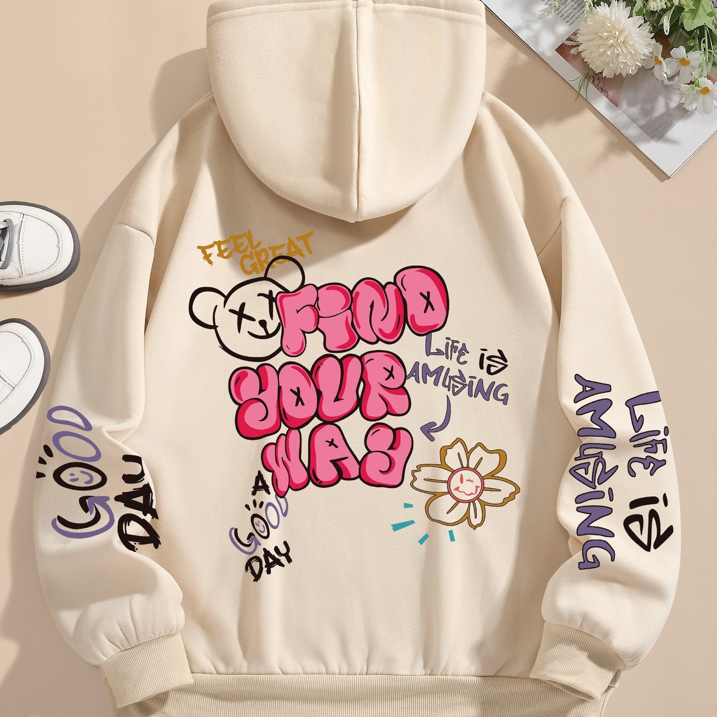 Graphic Vintage Hoodie - Soft Elasticity Polyester Drawstring Hooded Sweatshirt