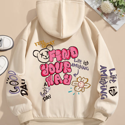 Graphic Vintage Hoodie - Soft Elasticity Polyester Drawstring Hooded Sweatshirt