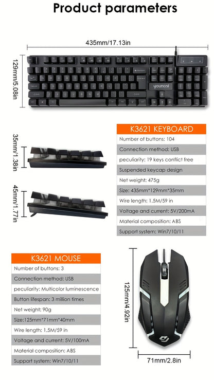 Rainbow Backlit Wired Gaming Keyboard and Mouse Set, 19-Key Rollover, Adjustable Brightness, 2 Lighting Modes, Ergonomic Design, Hotkeys, Media Keys, USB Powered, No Battery