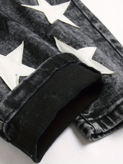 y2k Star Pattern Slim Fit Jeans, Men's Stretch Street Style Denim Pants