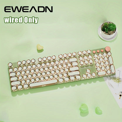 Typewriter Mechanical Gaming Keyboard, All-Metal Panel 104Keys Wired Retro Round Keycaps with LED Backlit USB Wired