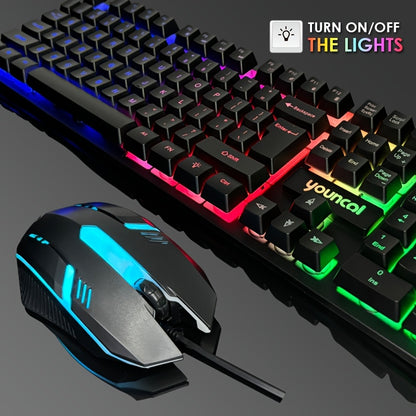 Rainbow Backlit Wired Gaming Keyboard and Mouse Set, 19-Key Rollover, Adjustable Brightness, 2 Lighting Modes, Ergonomic Design, Hotkeys, Media Keys, USB Powered, No Battery