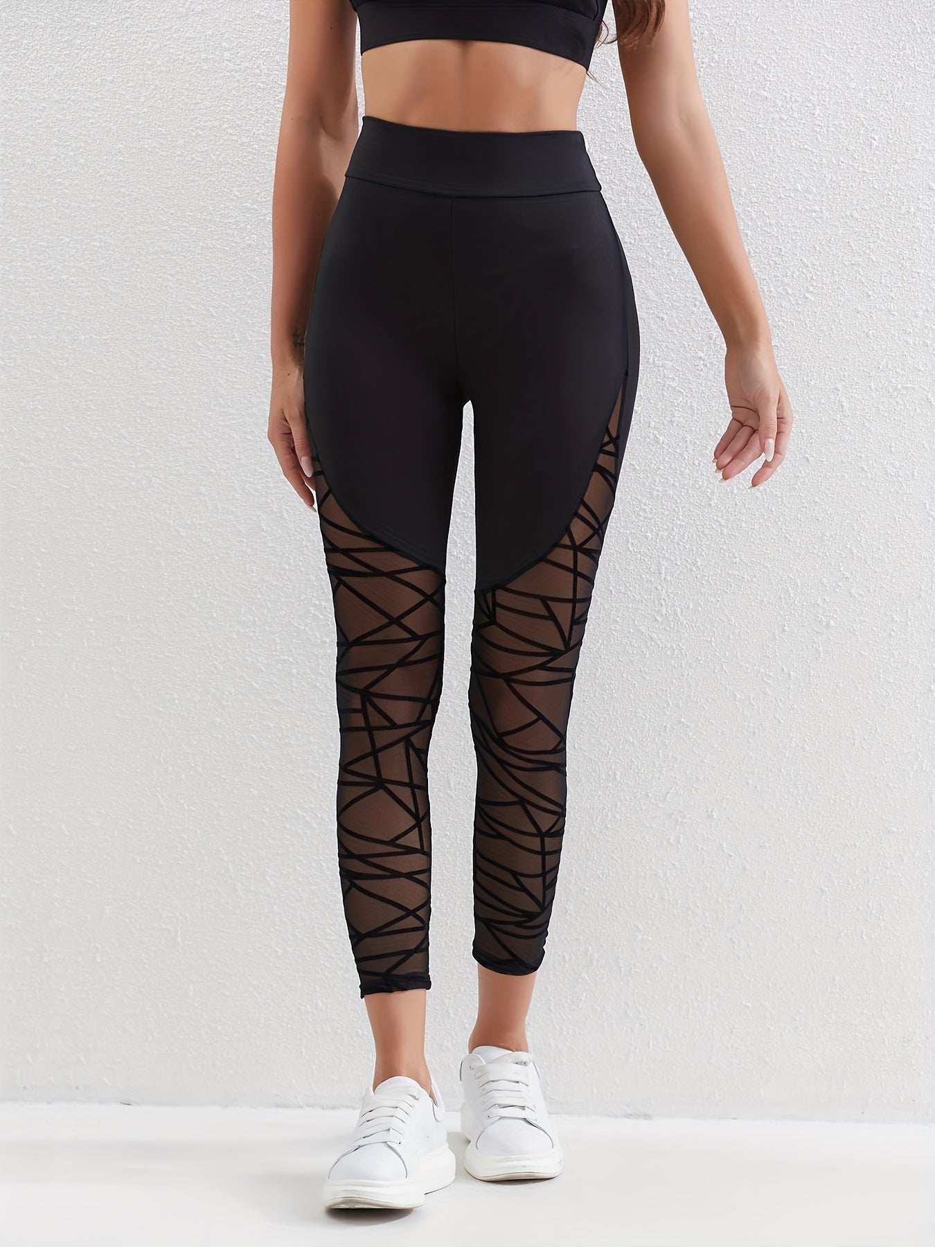 Solid High Waist Contrast Mesh Leggings, Elegant Skinny Leggings