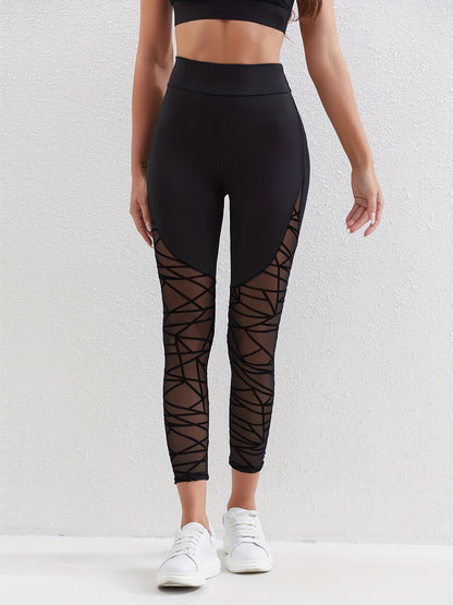 Solid High Waist Contrast Mesh Leggings, Elegant Skinny Leggings