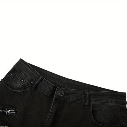 Stretchy Slim Fit Ripped Biker Jeans - Soft, Breathable, Distressed Denim Pants with Elastic Waistband for Men's Casual Street Style Fashion - Perfect for Spring and Fall Seasons