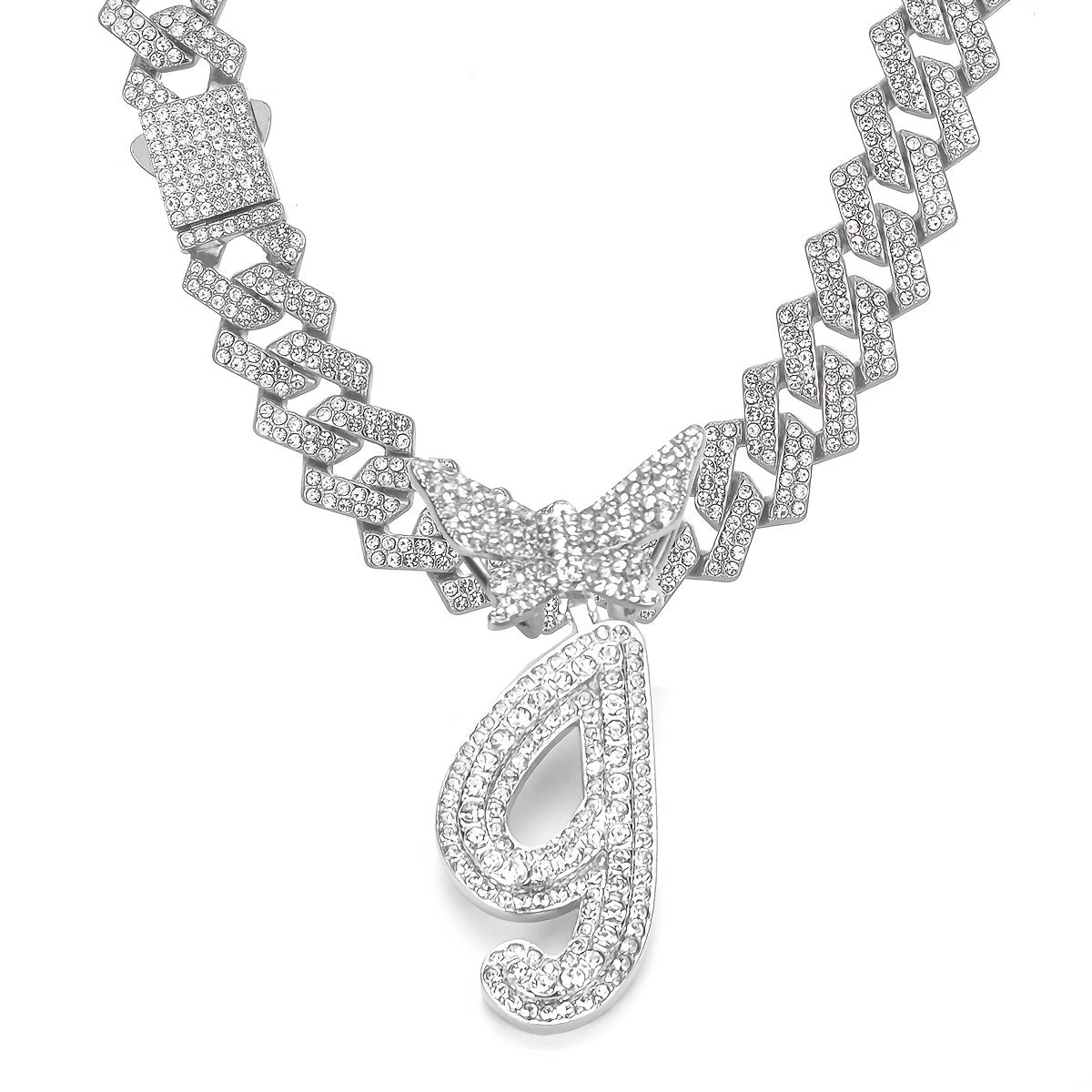 Initial Butterfly Pendant Cuban Link Chain Necklace Iced Out Rhinestone Chain Initial Letter Name Necklace