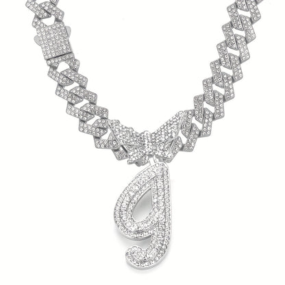 Initial Butterfly Pendant Cuban Link Chain Necklace Iced Out Rhinestone Chain Initial Letter Name Necklace