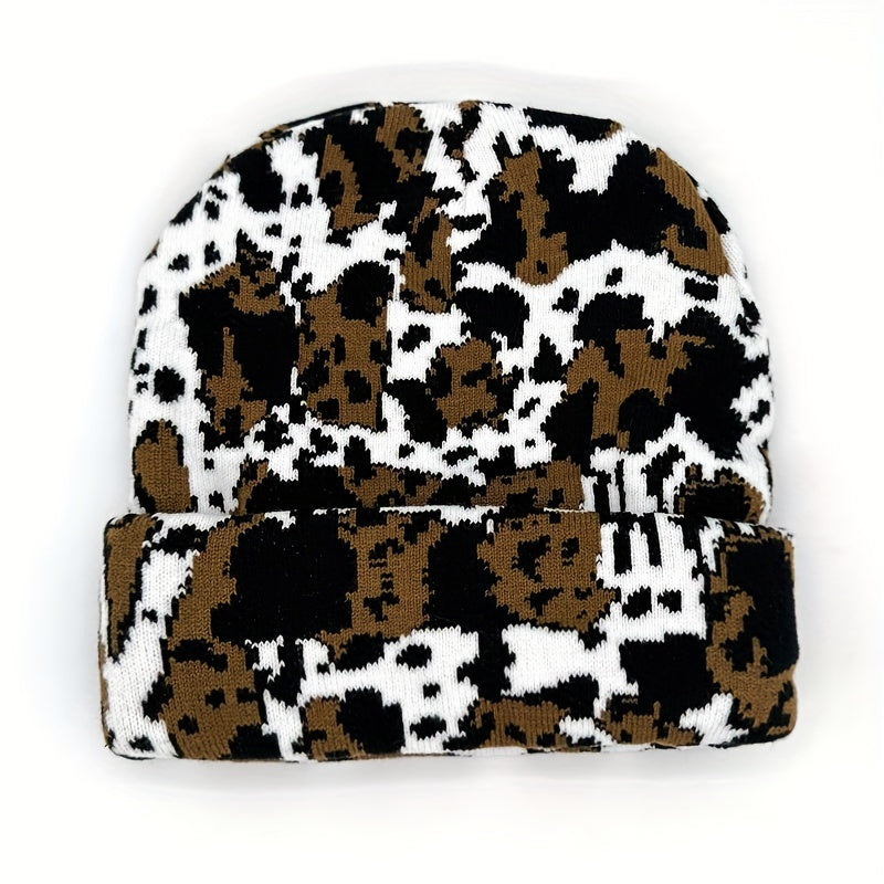 1pc Winter Cow Print  Beanie , Thicken Warm Skullies