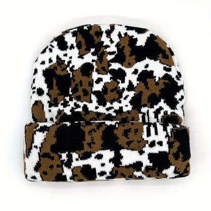 1pc Winter Cow Print  Beanie , Thicken Warm Skullies
