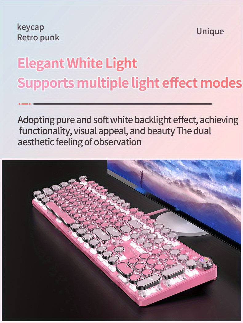 Pink Mechanical Keyboard with Blue Switches - Retro Keycaps, Backlit, USB-Powered for Gaming, Durable Design, No Battery Needed, Gaming Keyboard