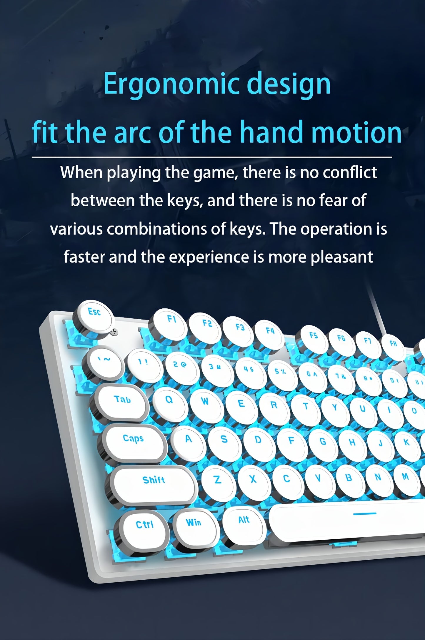 Mechanical Gaming Keyboard with Blue Switches - Round LED Backlit Keycaps, Wired USB Connectivity for Enhanced Gaming