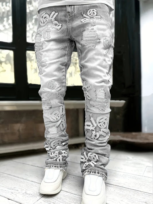 Men's Fashion  Denim Jeans, Loose Fit, Non-Stretch Cotton Blend, Regular Length Pants with Distressed Detail