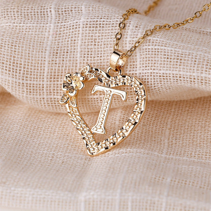 Palace Style Love Flower Letter Pendant Necklace - One 26 Letter Necklaces A-Z Capital Letter