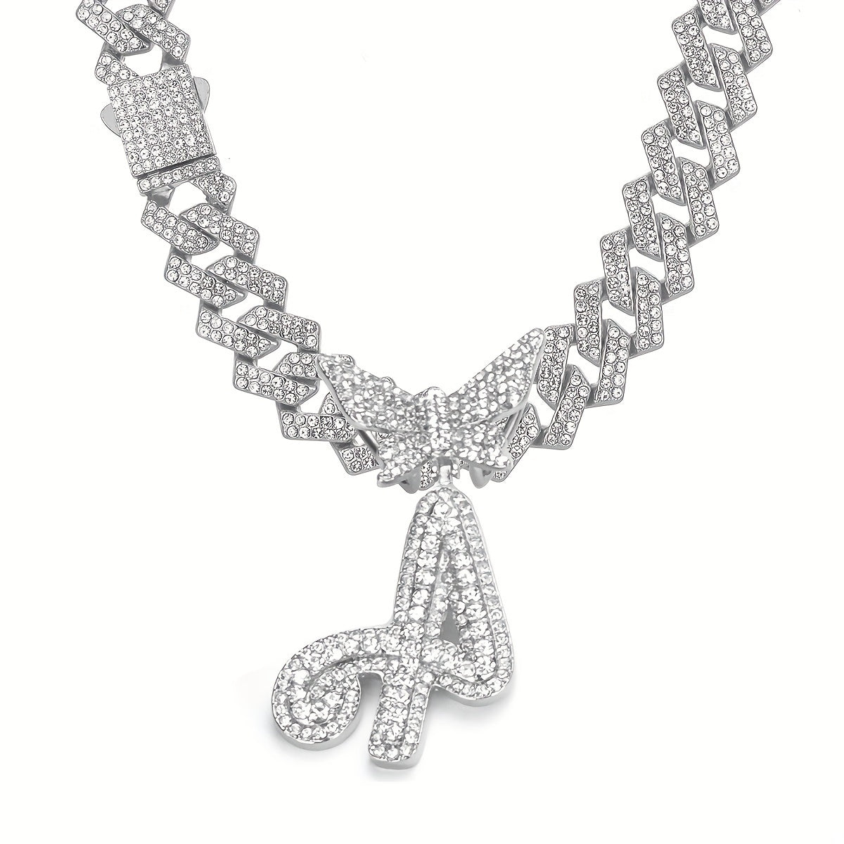 Initial Butterfly Pendant Cuban Link Chain Necklace Iced Out Rhinestone Chain Initial Letter Name Necklace