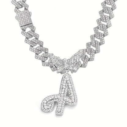 Initial Butterfly Pendant Cuban Link Chain Necklace Iced Out Rhinestone Chain Initial Letter Name Necklace
