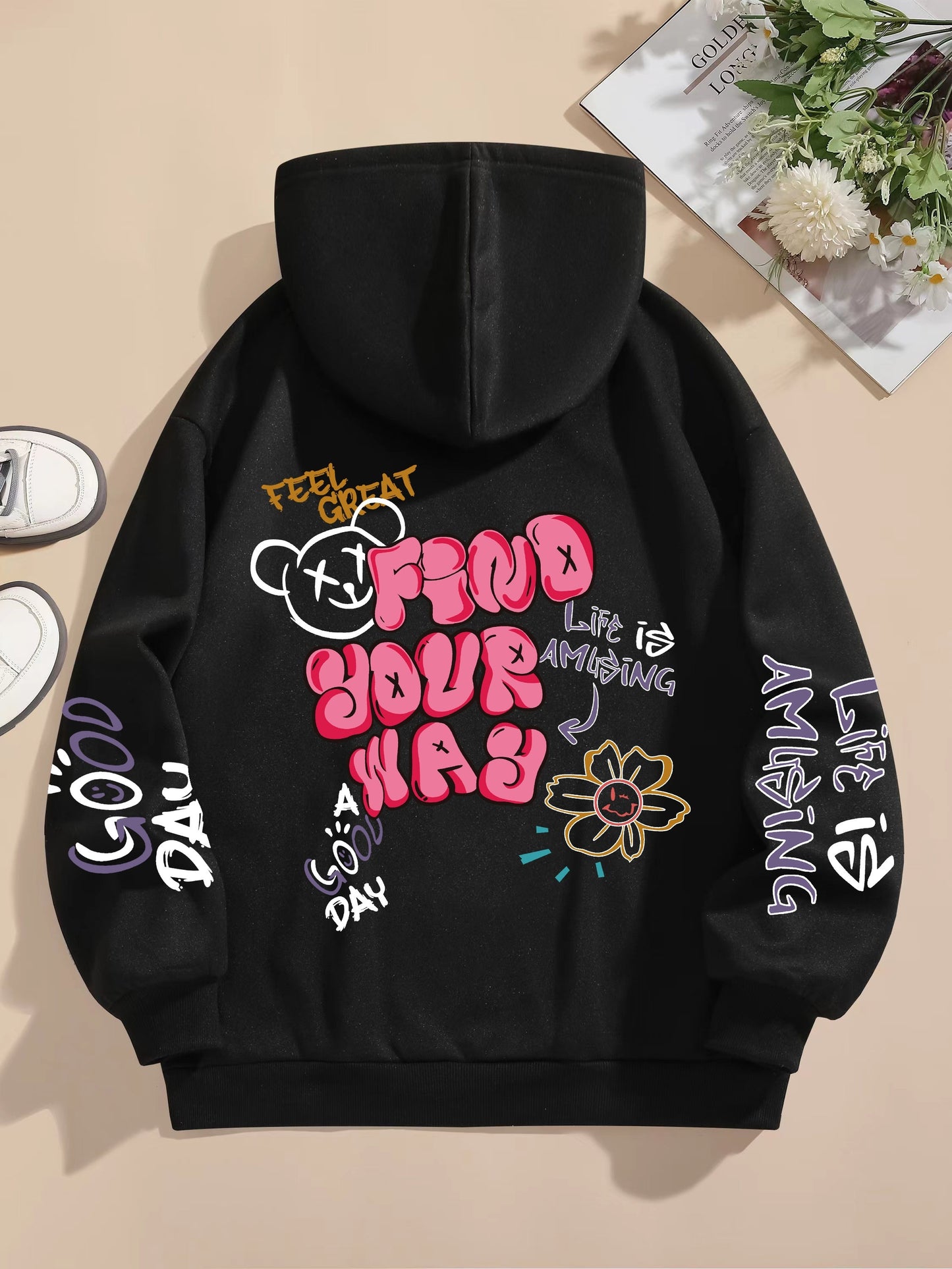 Graphic Vintage Hoodie - Soft Elasticity Polyester Drawstring Hooded Sweatshirt