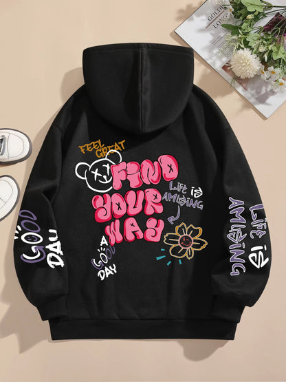 Graphic Vintage Hoodie - Soft Elasticity Polyester Drawstring Hooded Sweatshirt