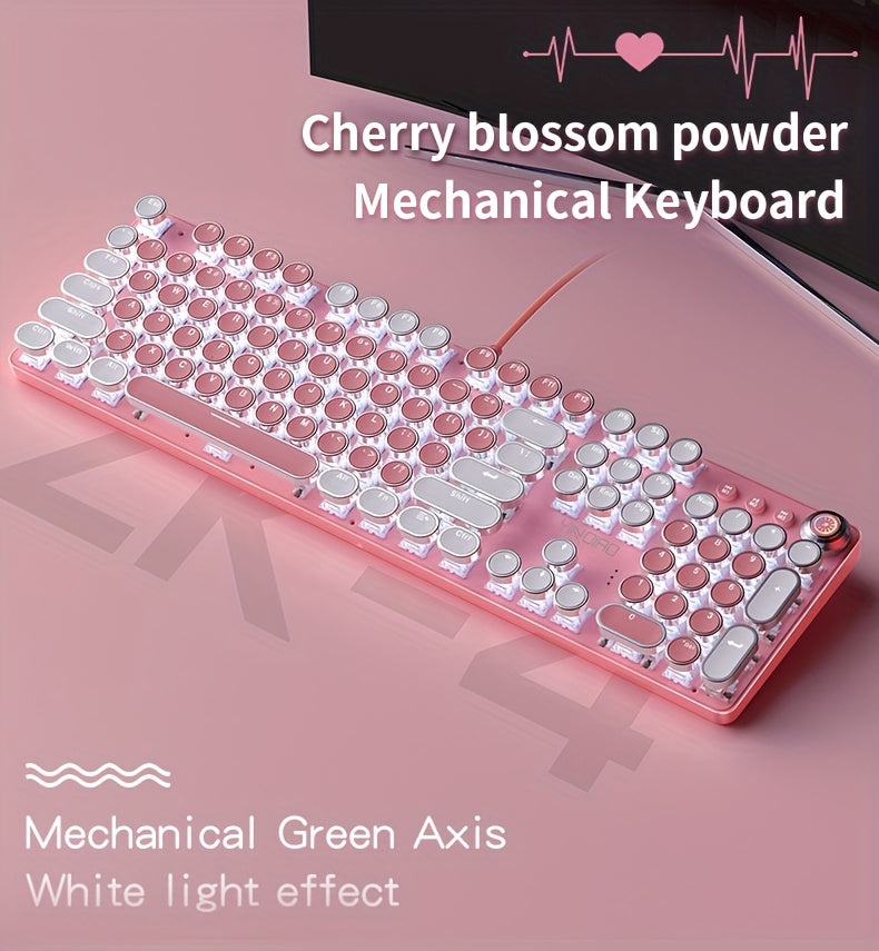 Pink Mechanical Keyboard with Blue Switches - Retro Keycaps, Backlit, USB-Powered for Gaming, Durable Design, No Battery Needed, Gaming Keyboard