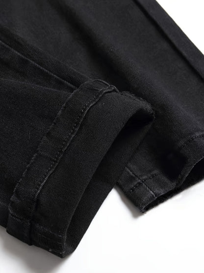 Medium Stretch Men's Patchwork Jeans, Casual Street Style Denim Pants