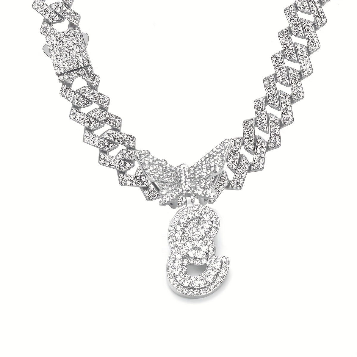 Initial Butterfly Pendant Cuban Link Chain Necklace Iced Out Rhinestone Chain Initial Letter Name Necklace