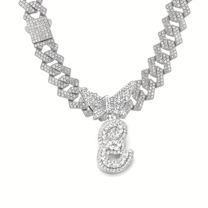Initial Butterfly Pendant Cuban Link Chain Necklace Iced Out Rhinestone Chain Initial Letter Name Necklace
