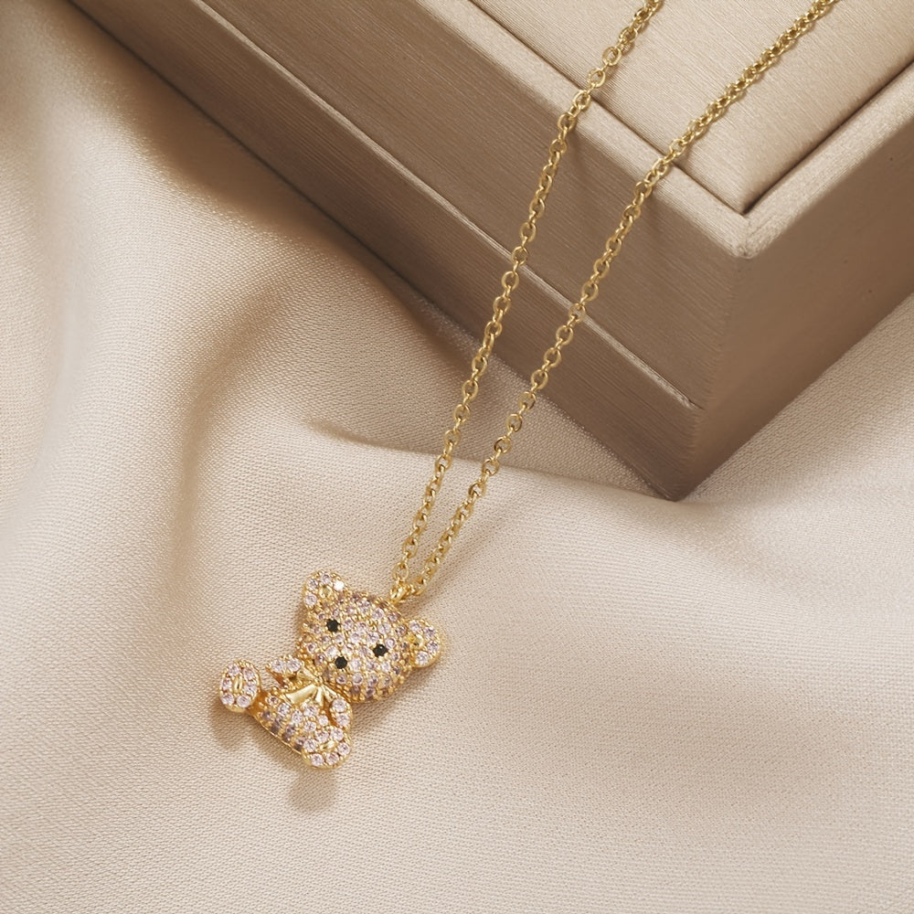 Vibrant Full Rhinestone Bear Pendant Necklace - Y2K Inspired Jewelry