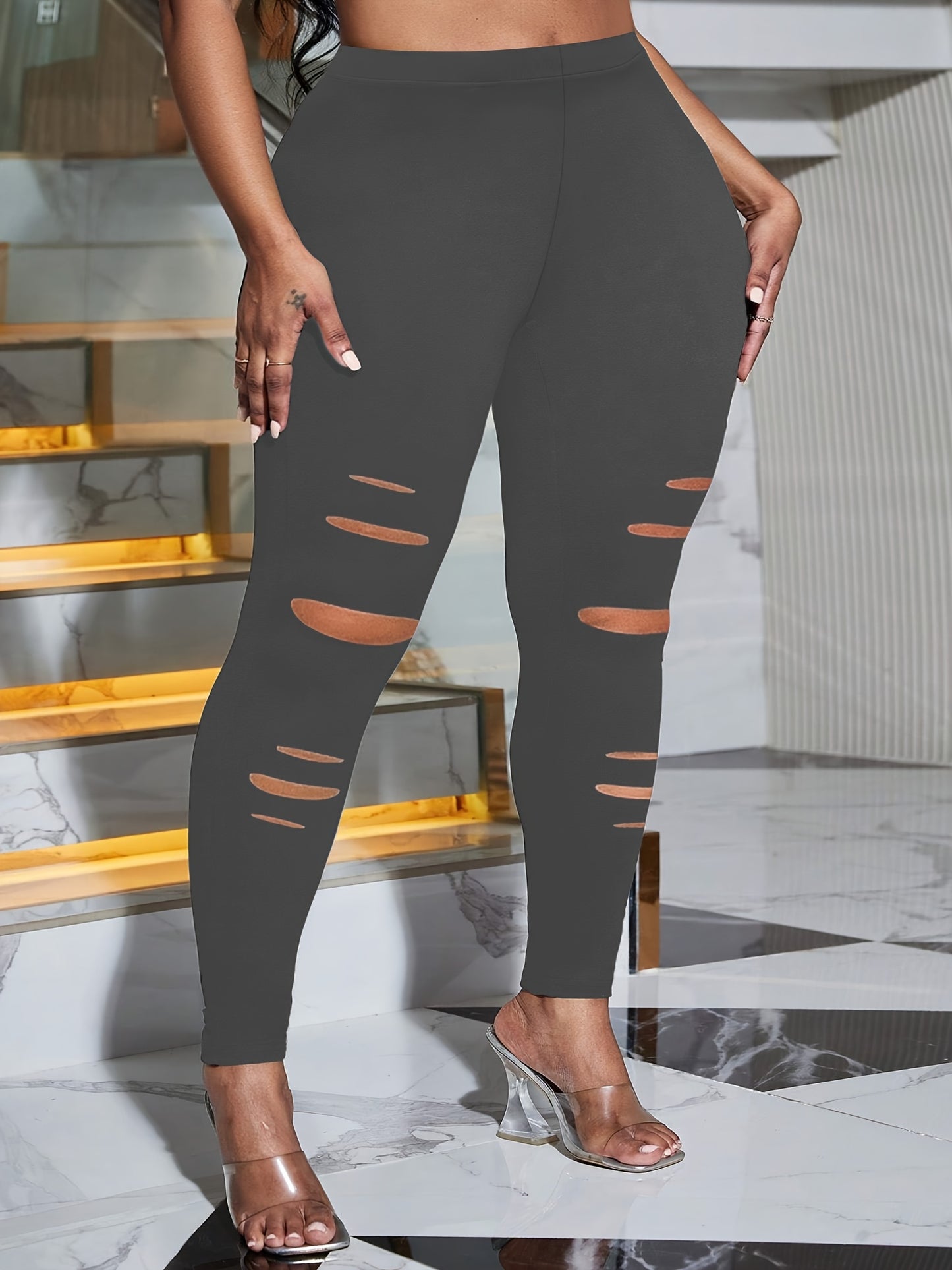 Plus Size Solid Color High Waist Leggings, High Stretch Skinny Ripped Leggings
