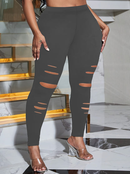 Plus Size Solid Color High Waist Leggings, High Stretch Skinny Ripped Leggings