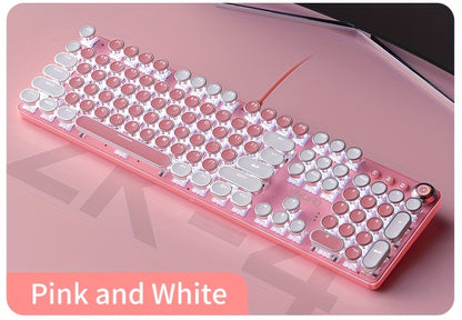 Pink Mechanical Keyboard with Blue Switches - Retro Keycaps, Backlit, USB-Powered for Gaming, Durable Design, No Battery Needed, Gaming Keyboard