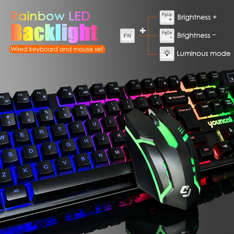 Rainbow Backlit Wired Gaming Keyboard and Mouse Set, 19-Key Rollover, Adjustable Brightness, 2 Lighting Modes, Ergonomic Design, Hotkeys, Media Keys, USB Powered, No Battery