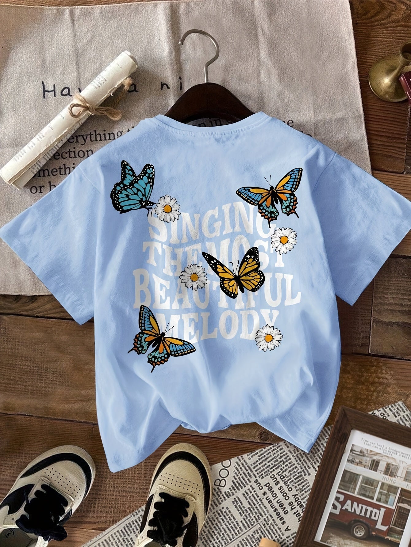 3-Pack Vibrant Butterfly & Floral Graphic Tees - Soft, Stretchy, Round Neck Short Sleeve Polyester-Blend Tops with Smiling Face , Regular Fit