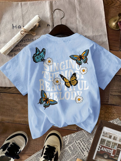 3-Pack Vibrant Butterfly & Floral Graphic Tees - Soft, Stretchy, Round Neck Short Sleeve Polyester-Blend Tops with Smiling Face , Regular Fit