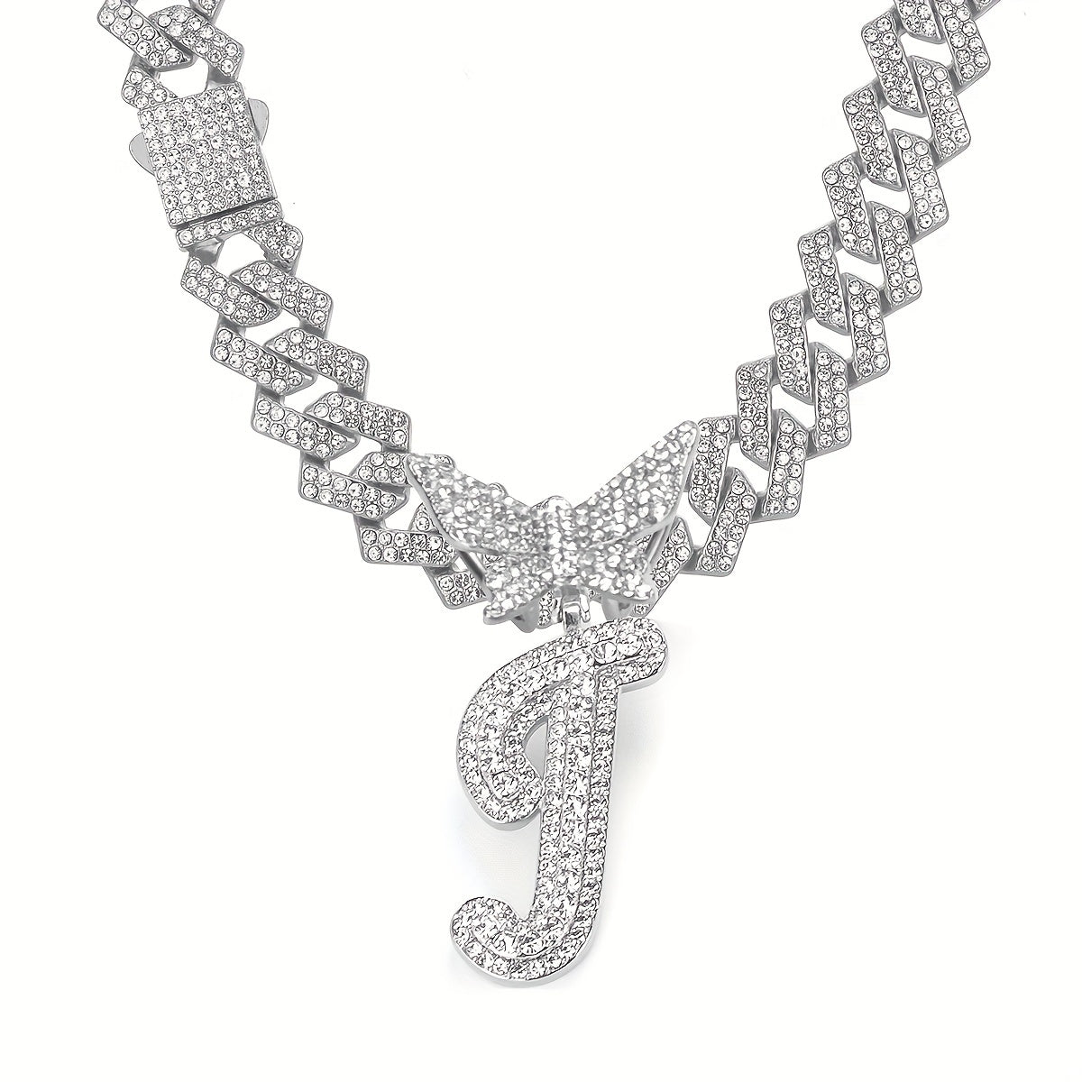 Initial Butterfly Pendant Cuban Link Chain Necklace Iced Out Rhinestone Chain Initial Letter Name Necklace